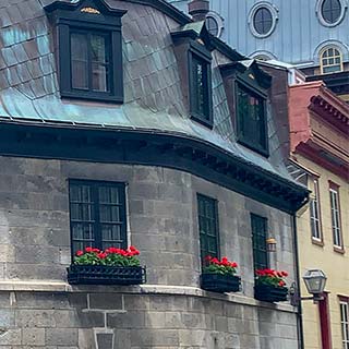Bâtiment historique du Vieux Québec garni de fleurs rouges