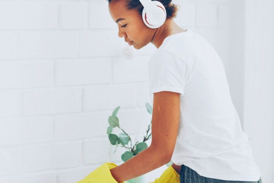 women cleaning a shelf